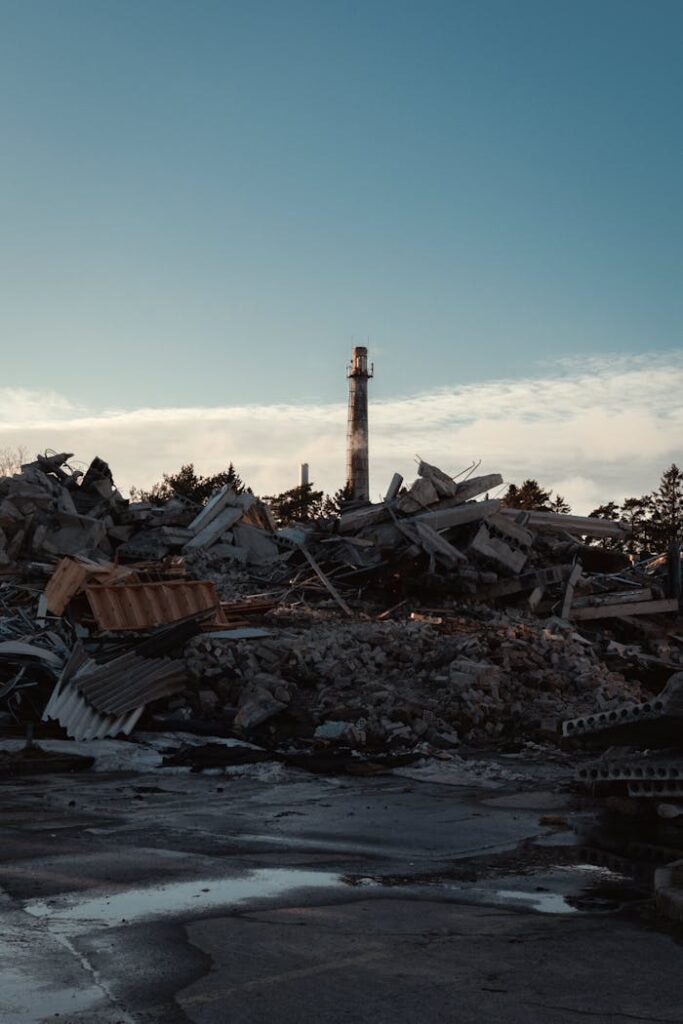 Explore the remnants of a demolished industrial site in Keila, Estonia, with a towering wreckage.