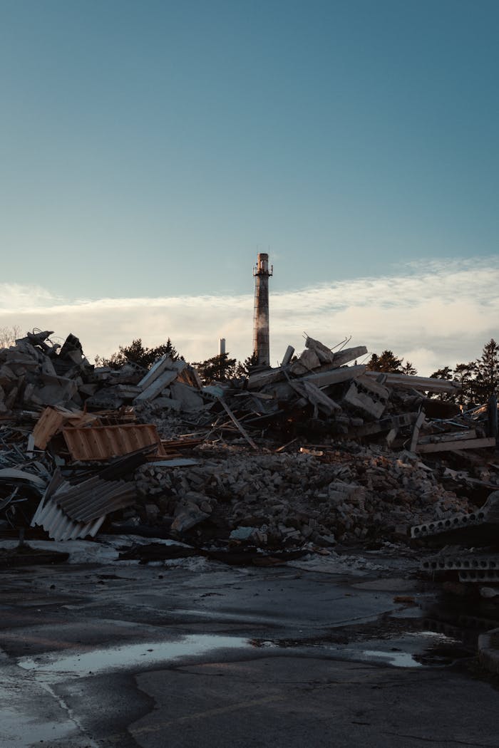 Explore the remnants of a demolished industrial site in Keila, Estonia, with a towering wreckage.